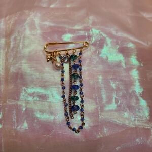 Gold Toned Blue And Green Brooch Pin With Pearl Accent Charm